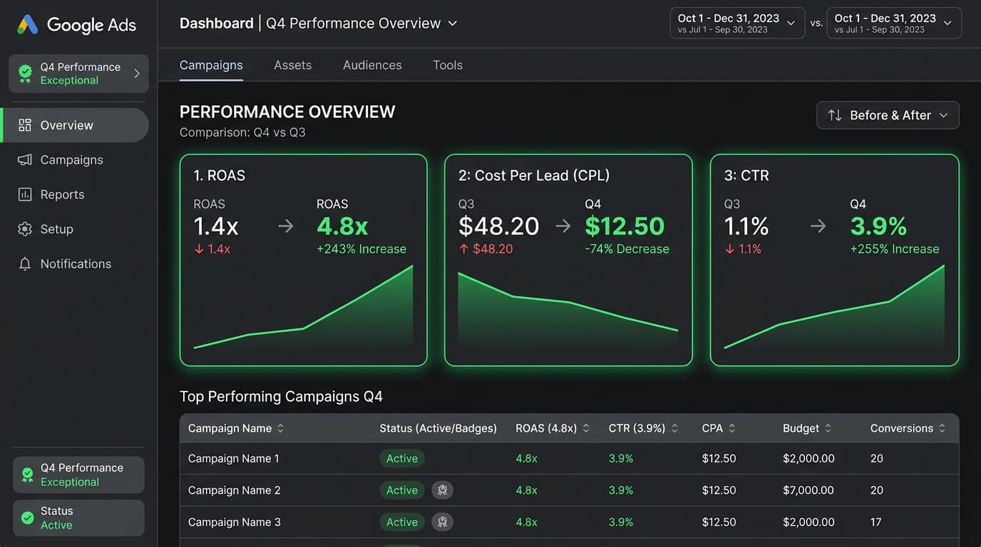 GreenLeaf Organics Google Ads (PMax & Search) before and after performance screenshot