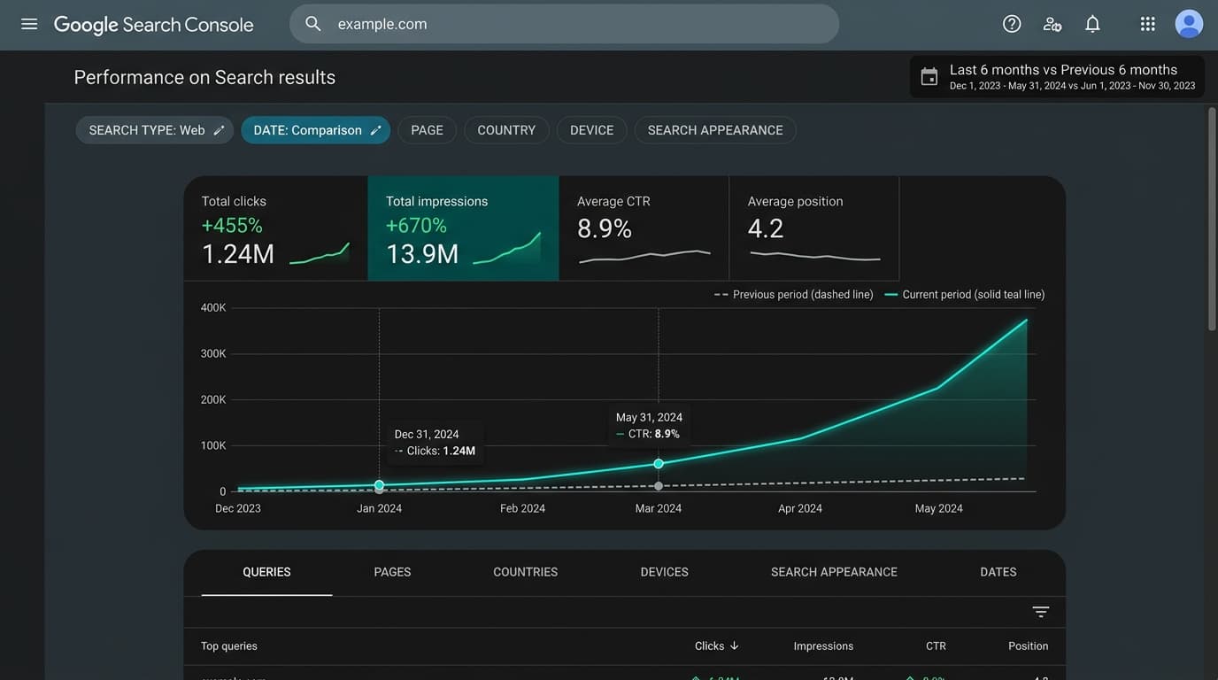 Google Search Console Performance Report Before and After for SportsPro Gear